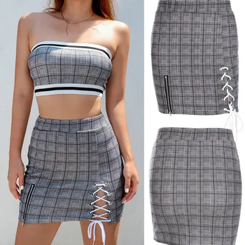 

Girl's Fashion Women High Waist Bodycon Slim Pencil Short Mini Skirt Plaid Printed Hollow Casual Skirt