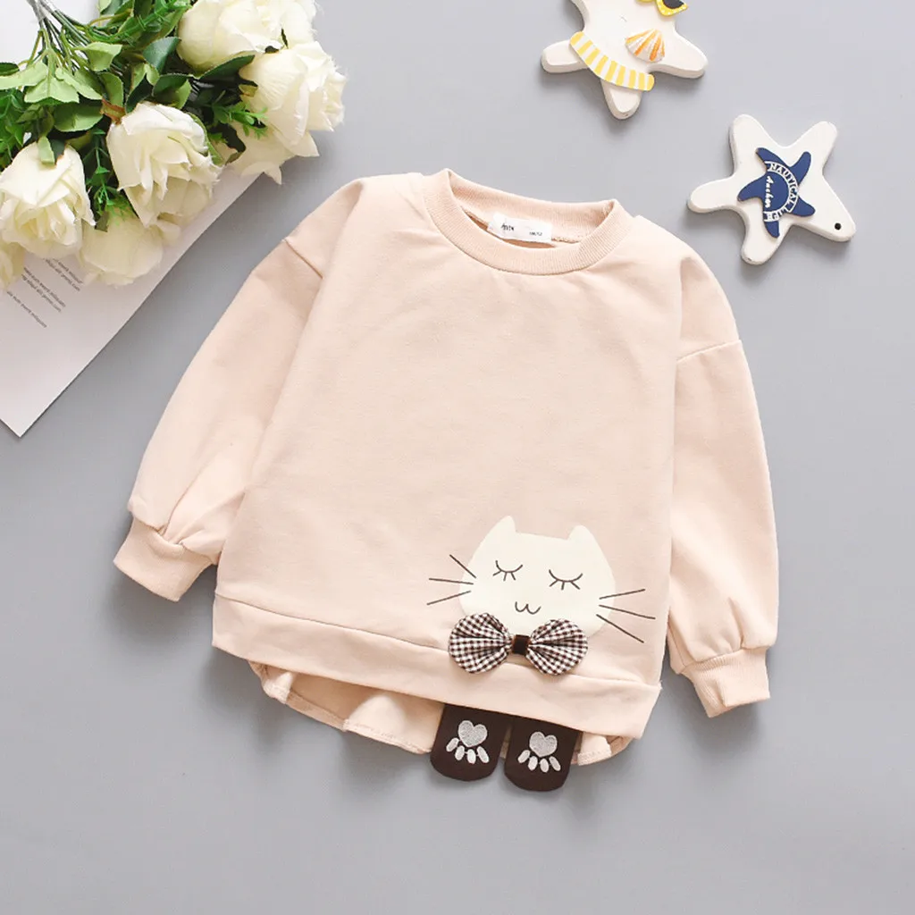

Spring Autumn Girls Sweatershirts Toddler Baby Girls Long Sleeve Cartoon Cute Cat T-shirt Tops Children Pullover Coat Clothing