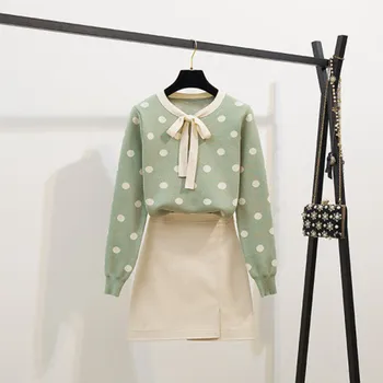 

Fashion Green Appliques Sweater Skirt Set Autumn Women Loose O Neck Pullover And Mini PU Leather 2PCS Skirt Set