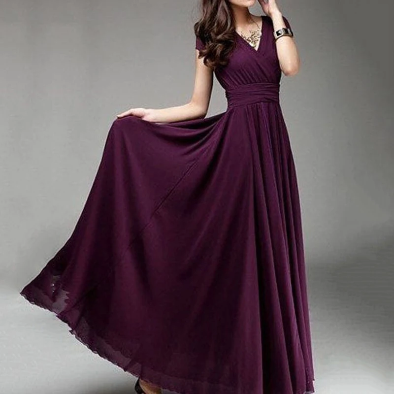 Women Fashion Bohemian Maxi Long Dress Evening Party Solid Dress V-neck Sleeveless