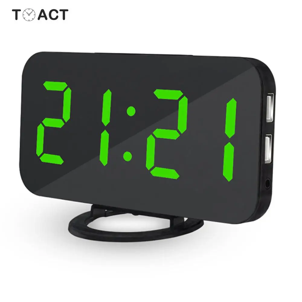 

Electronic LED Digital Alarm Clock Mirror Alarm Clocks Desktop Decor with Dual USB Port For Phone Auto Adjustable Light Snooze