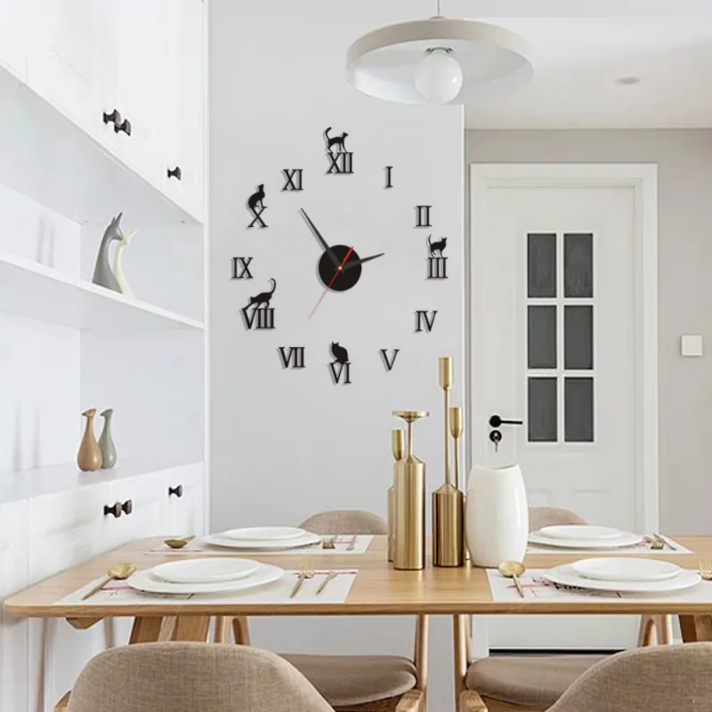 Modern Home Decor Wall Clocks Brief Roman Number Mirror Diy Clocks Digital Watch Quartz Living Room 3D Cat Design Wall Stickers