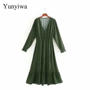 

Women Elegant V Neck Polka Dot Print Hem Ruffles Casual Slim Midi Dress Autumn Ladies Long Sleeve Vestidos Party Dresses