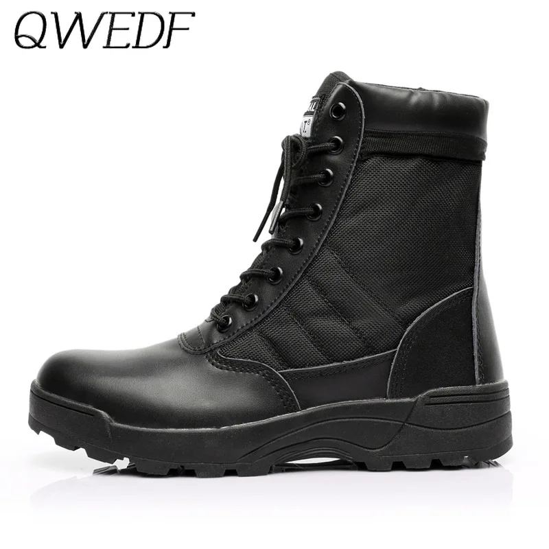 Billig QWEDF Männer Taktische Militärische Armee Stiefel Atmungsaktive Leder Mesh High Top Casual Wüste Arbeit Schuhe Herren SWAT Ankle Kampf B4 49