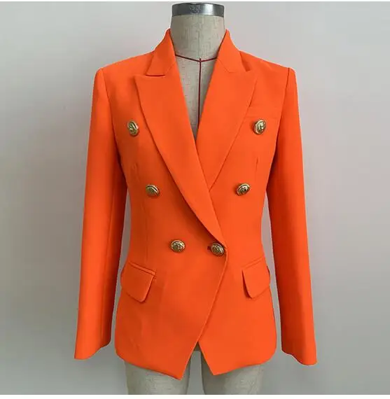 Высококачественная ткань дизайнерский Женский блейзер двубортный серебряные кнопки с пряжкой Белый Оранжевый офисный Женский блейзер куртки - Цвет: Оранжевый