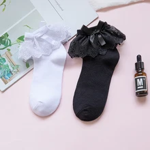 Bowknot Lace Ruffle Lolita Socks Cute Black White Cotton Princess Sock Women Breathable Short Socks Anime Cosplay Ankle Soxs