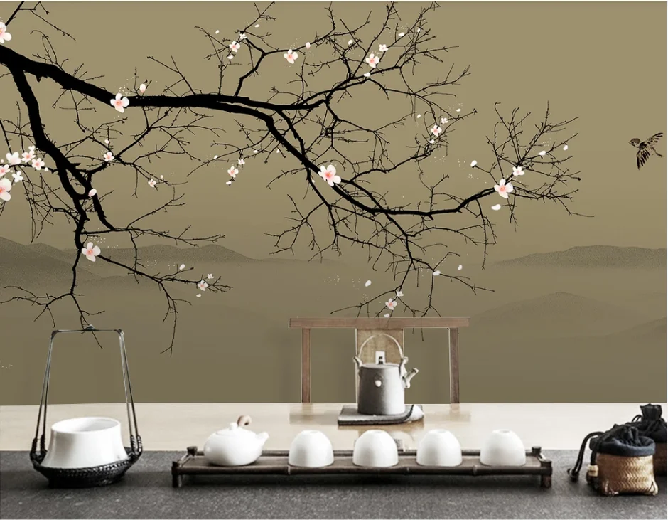 Custom high-end wallpaper new Chinese style hand-painted ink plum landscape landscape decorative wall painting