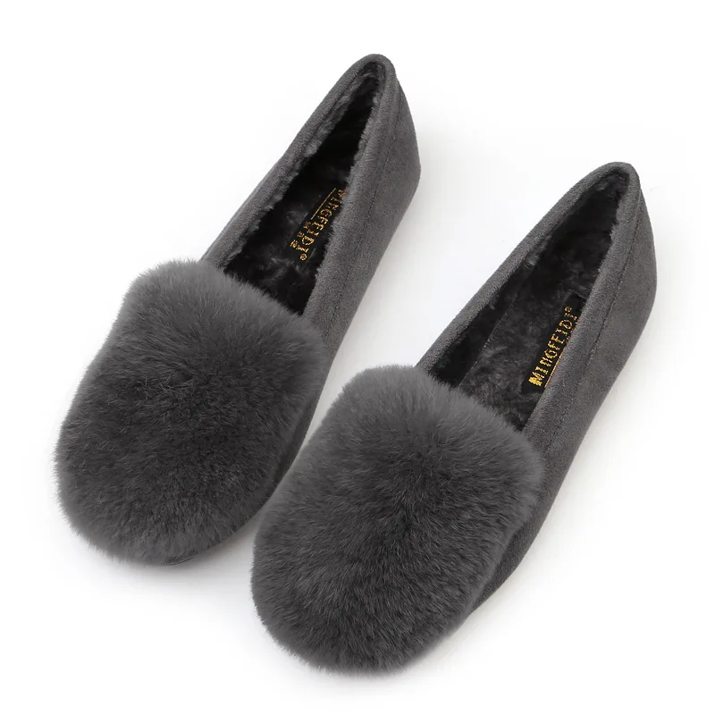 Winter Shoes Woman Flats Rabbit Fluffy Fur Faux Suede Leather Warm Loafers Soft Sole Roll Egg Peas Ballet Flat Mother Shoes