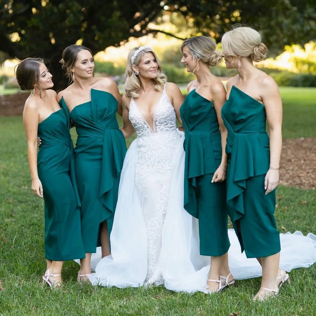 

Vintage Short Satin Pleated Scalloped Bridesmaid Dresses with Belt Pencil Tea Length Robes de Soirée for Women