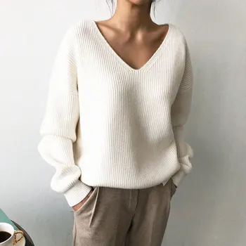 

New 2020 Autumn Winter Women's Sweaters V-Neck Minimalist Tops Fashionable Korean Style Knitting Casual Solid