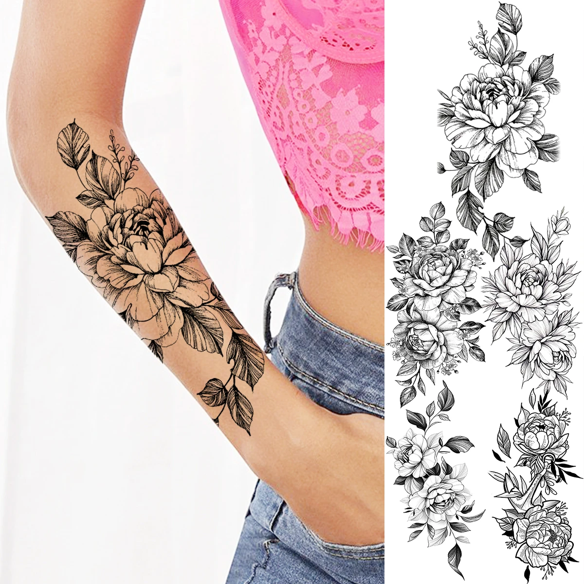 Black Peony Flower Sexy Arm Temporary Tattoos For Women Adult Girl Rose Anchor Fake Tattoo Waterproof Half Sleeve Tatoos Decal Temporary Tattoos Aliexpress