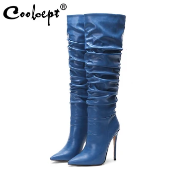 

Coolcept Knee High Boots Women Big Size 34-45 Luxury Designer Pointed Toe High Heels Long Boots Fashion Party Winter Shoes Women