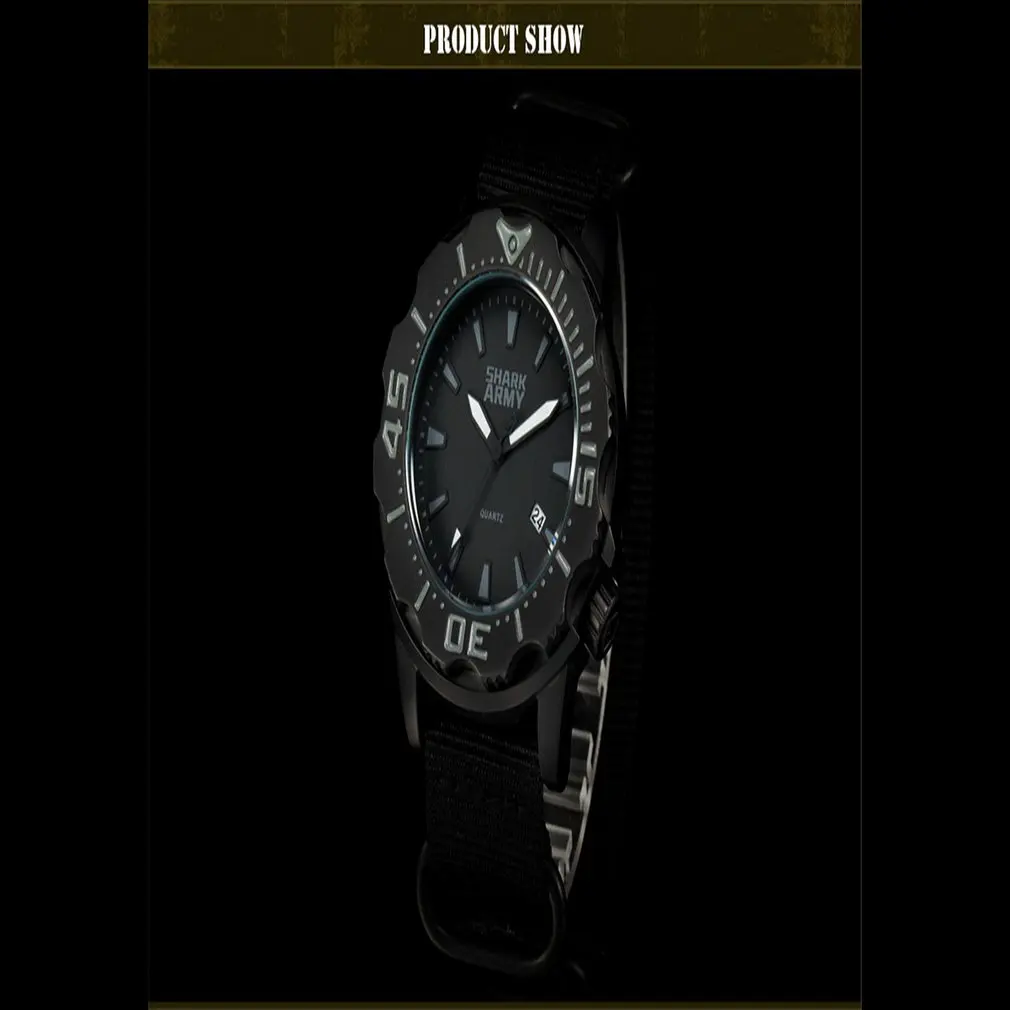 Günstige SHARK ARMEE Voller Stahl 100m Wasserdicht Datum Display Schwarz Nylon Band Leucht Hände Reloj Military Sport Quarz Männer Uhr  SAW193
