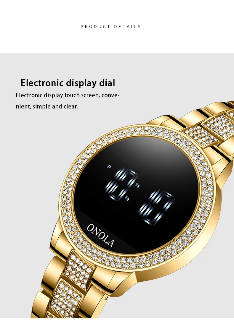 Fashion full diamond touch screen Led display ladies waterproof steel band quartz movement electronic watch business watch