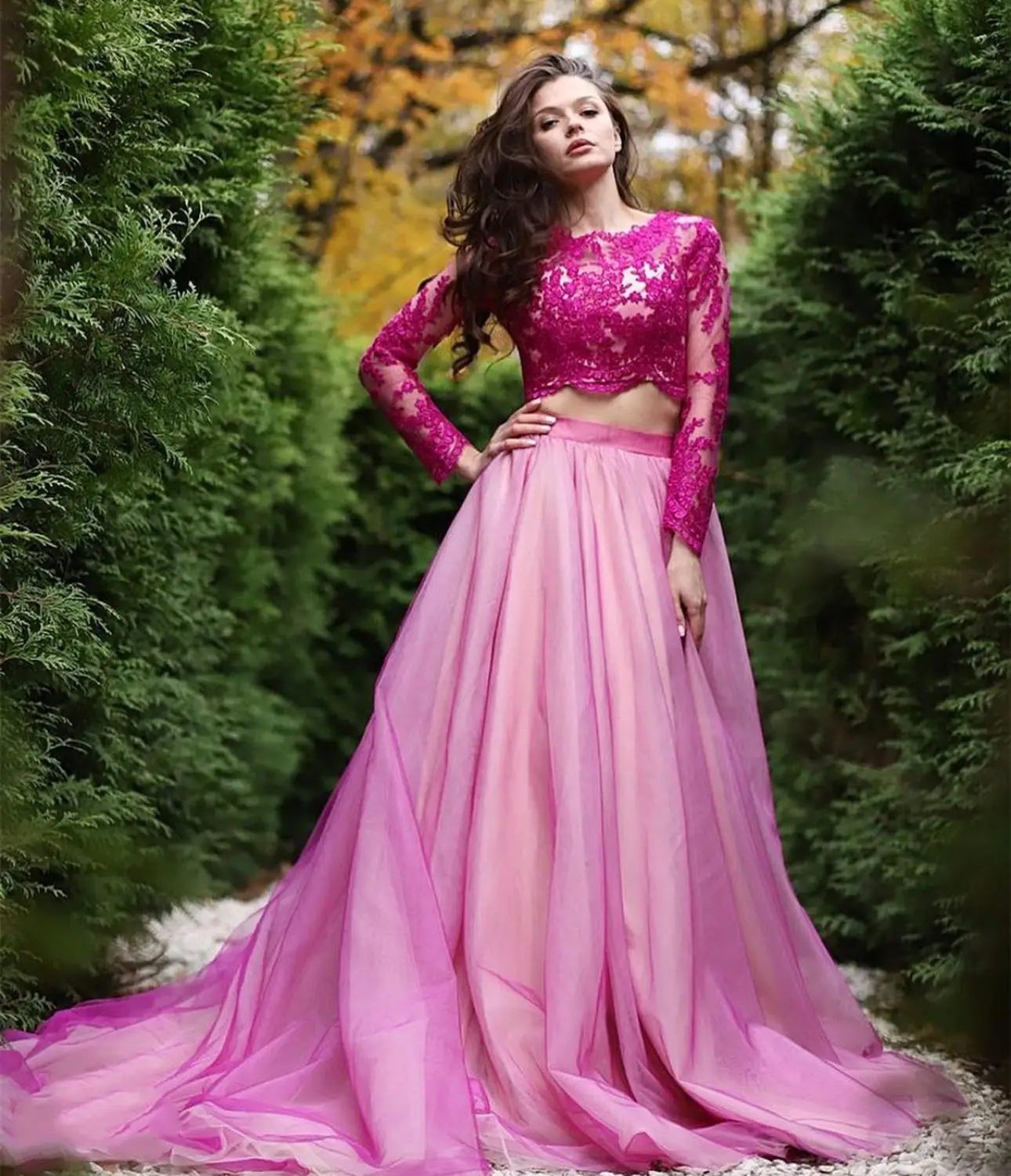 

Elegant Prom Dress Two Pieces 2021 Long Sleeve With Sweep train Lace Appliques A-Line Evening Dress Party Gowns Brilliant Tulle