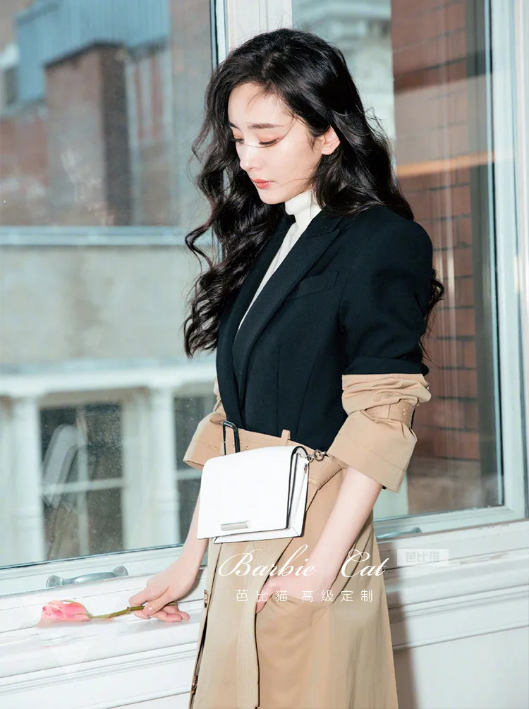 Yang mi Star, стиль знаменитостей, сустав, хаки, приталенный Тренч, женский, mi d-length, для путешествий, Ol, тонкий mi ng INS, пальто, корейский стиль