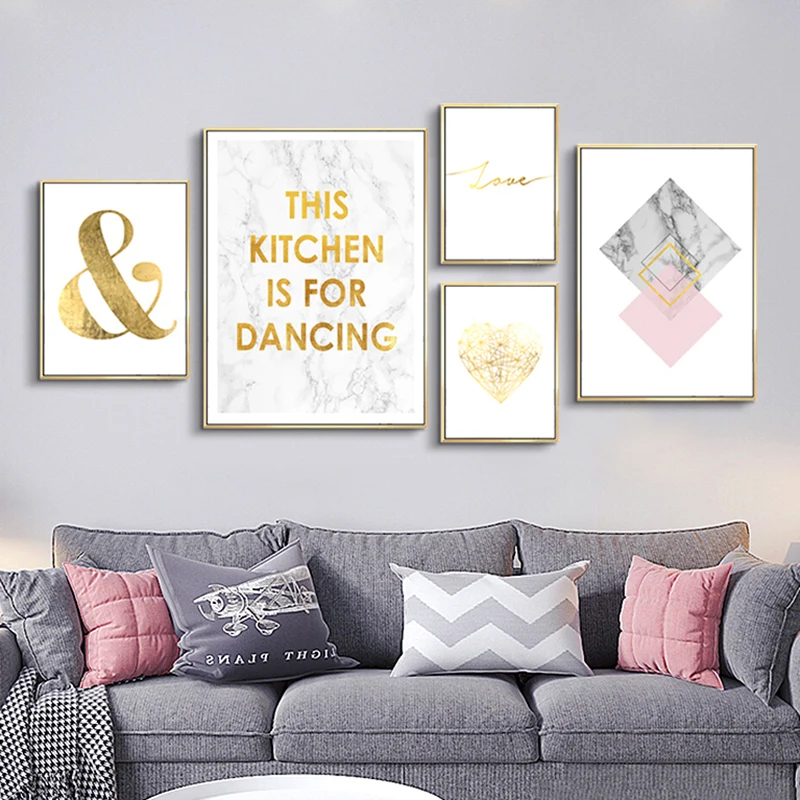 

Nordic Canvas Painting Decorative Pictures Pink Living Room Bedroom Set Painting Golden Poster and Print Wall Art Decor for Home