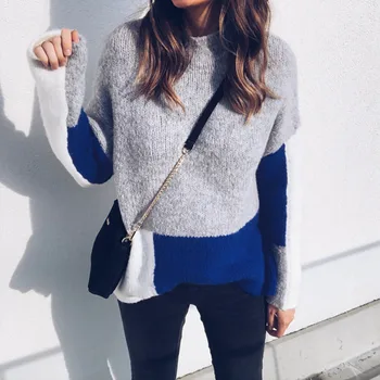 

Turtleneck Patchwork Sweater Women Casual Slim Sexy Blouse Jumper O Neck Autumn Winter Stitching Color Sweaters Mujer Top Truien