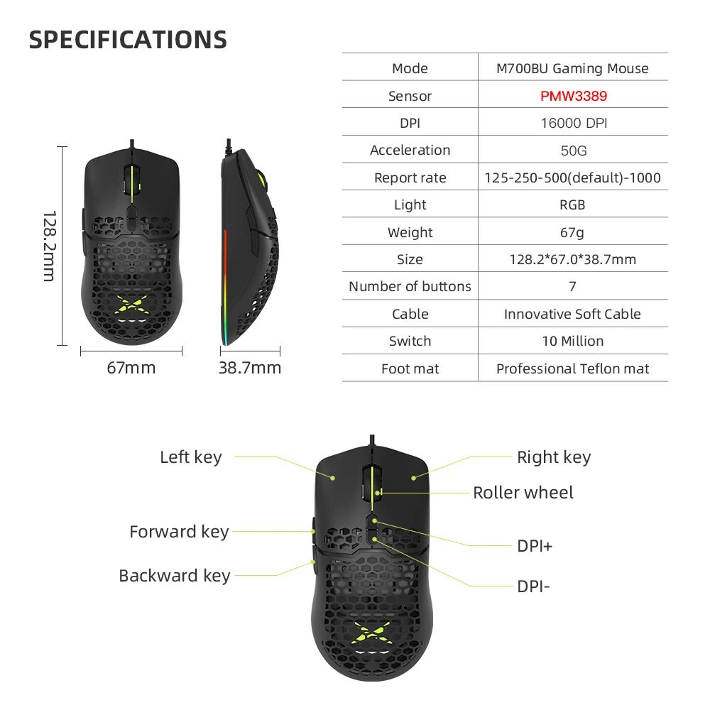 Delux M700 PMW3389 RGB Gaming Mouse 67g Lightweight Honeycomb  