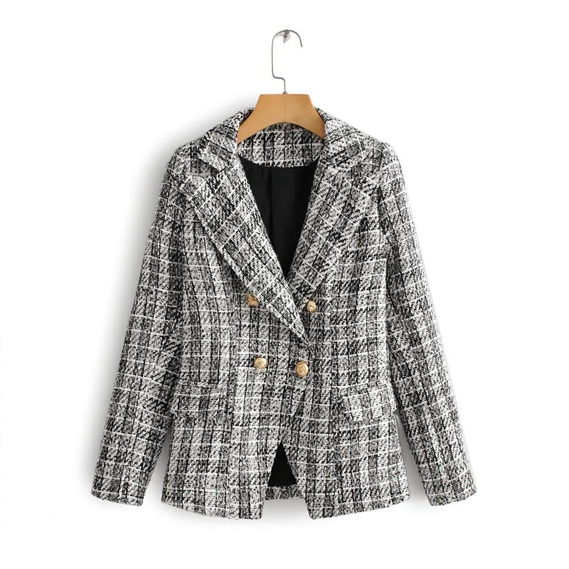 

WT358 Autumn Women New Design Long Sleeve Plaid Print Double Breasted Plaid Blazer Outwear Tops