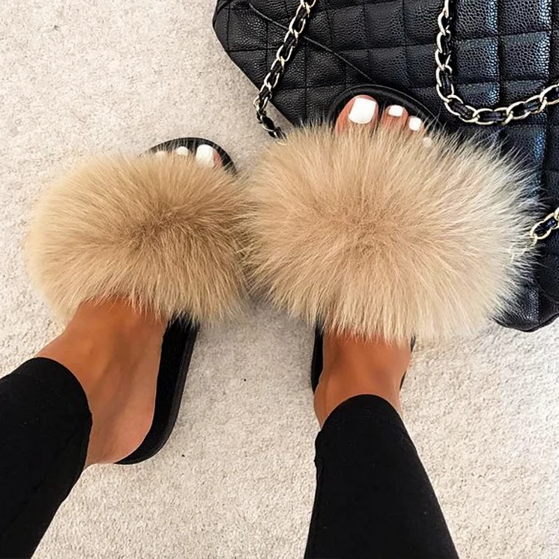Ethel Anderson Women's Real Furry Fox Fur Designer Slides Raccoon Flip Flops Female Fluffy Slippers Outdoor Footwear Shoes