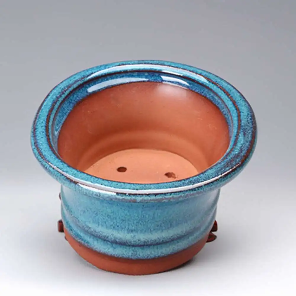 Square Chinese Bonsai Ceramics Dark Green Glazed Plant Pot for Desktop Decor 