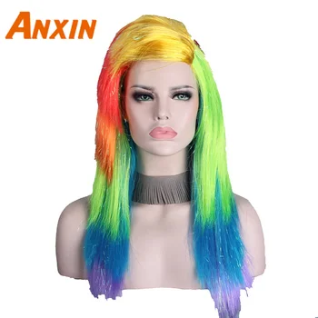 

Anxin Colorful Cosplay Wigs for Party Halloween Costumes Rainbow Blonde Root Multicolor Red Light Green Blue Hairstyle Purple