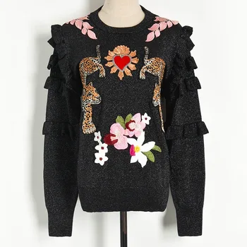 

Flowers Love Double Leopard Figure Sweater Women Ruflles Long Sleeve Knitted Jumper Women Tops Casual Outerwear Pull TA1879