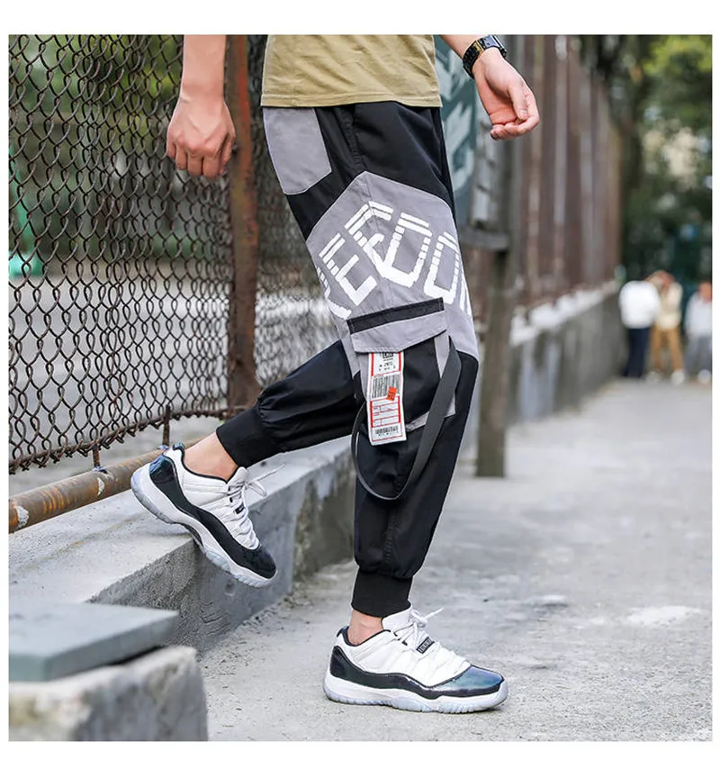 Pockets Cargo Pants Men Letter Embroidery Hip Hop Harem Joggers Color Patchwork Track Trousers Man Skateboard Streetwear Pants