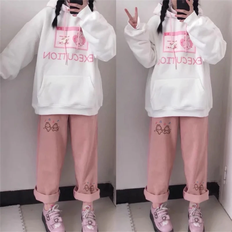 Women\'s Casual Baggy Cartoon Korean Fashion Corduroy Pants Harajuku Streetwear Kawaii Pink High Waist Leg Sweat Trousers Female