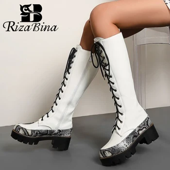 

RIZABINA Women Knee Boots Cross Strap Fashion Platform Winter Shoes Woman Warm High Heel Long Boot Lady Footwear Size 34-43
