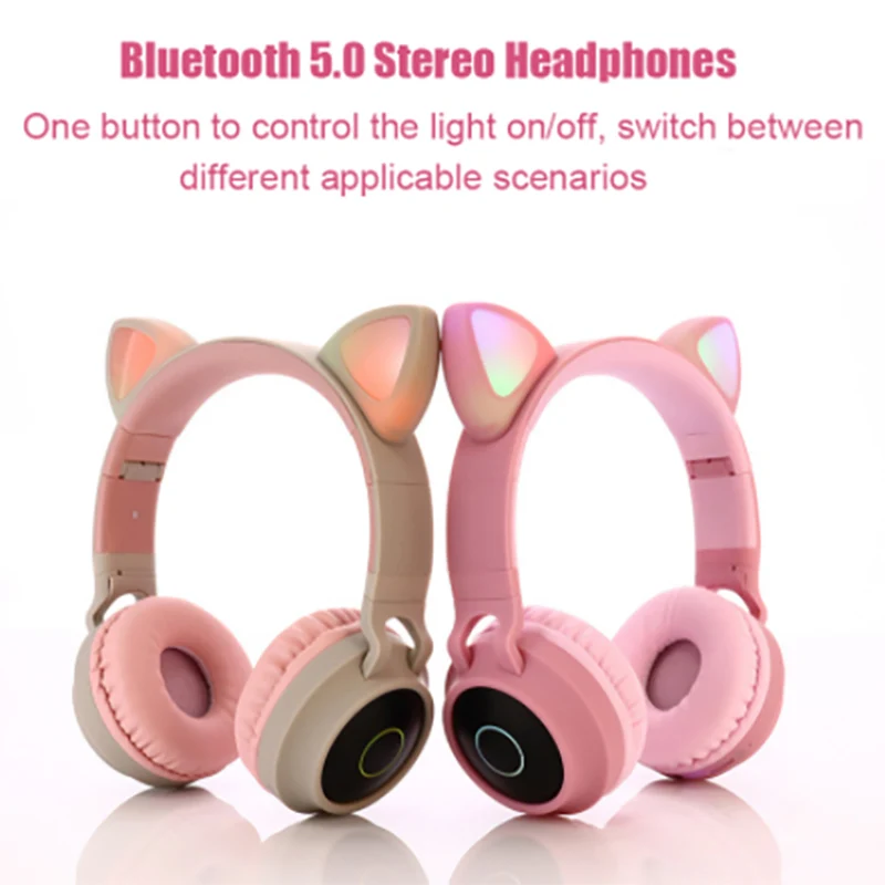 Светодиодный Bluetooth наушники с кошачьими ушками для девочек, детские наушники с Bluetooth 5,0, мигающие 3 светящиеся стерео наушники с микрофоном и оригинальной коробкой