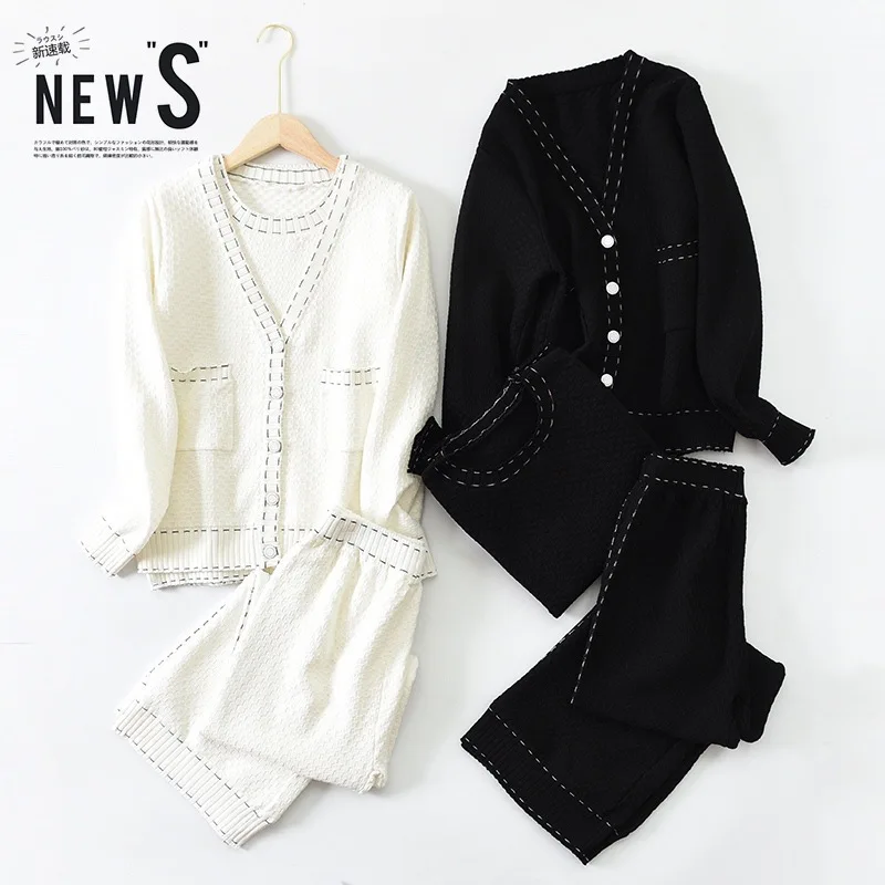 

Shuchan Knitted Fall Winter Two Piece Set Matching Sets for Women V-Neck Single Breasted High Street Cardigan+ Calf-Length Pant