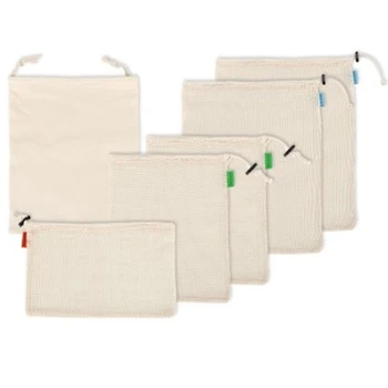 

A01-6Pcs/Set Reusable Cotton Vegetable Bags Home Kitchen Fruit and Vegetable Storage Mesh Bags with Drawstring Machine Washable