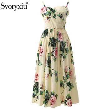 

Svoryxiu Runway High-End Cotton Summer Party Spaghetti Strap Long Dress Women's Vintage Rose Flower Print Dresses Female