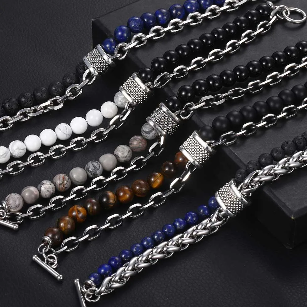 New 2020 Men’s Tiger Eye Stone Beaded Bracelet Stainless Steel Gunmetal Link Chain Yoga Bracelet Male Jewelry Dropshipping