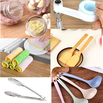 

5pcs Kitchen Tools Garlic Masher+Cleaning Tower+PTFE TAPE+Soup Spoon+Barbecue Clip+Bamboo Spatula Kitchen Gadget Sets