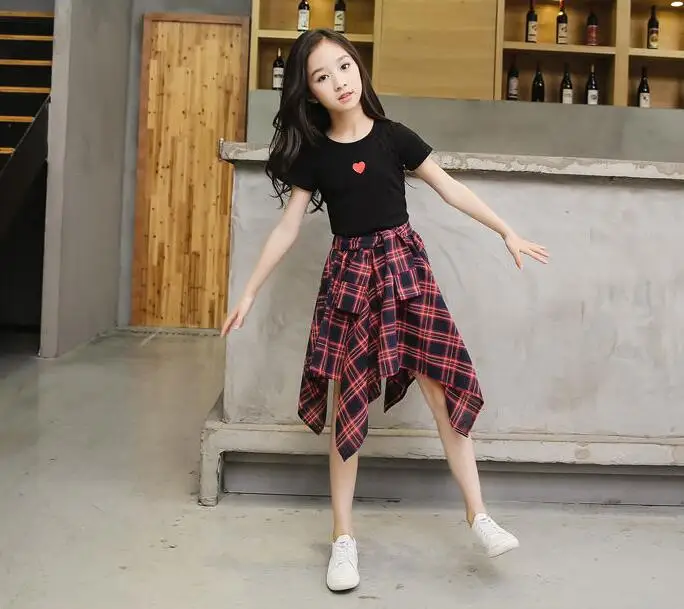 Roupas de Bebê Conjunto para a Menina Camiseta + Shorts Curta e Xadrez Verão Terno Crianças Manga Saias Meninas Roupas 2pc 8 Verão roupas de bebê conjunto para a