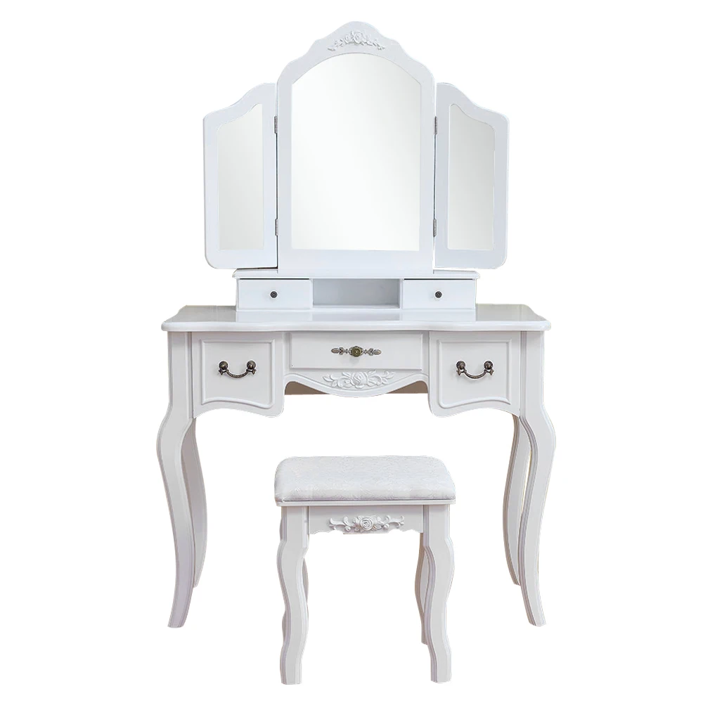 

High quality Tri-fold Mirror Dresser Modern Minimalist Fashion Style Dressing Table with Dressing Stool White