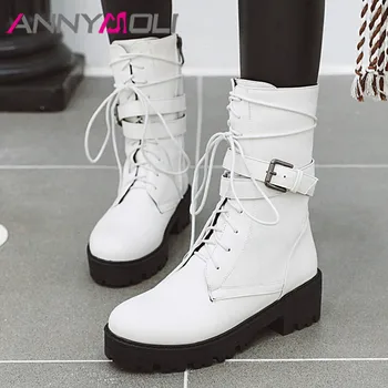 

ANNYMOLI Platform Flat Mid Calf Boots Woman Zip Motorcycle Boots Lace Up Short Boots Buckle Female Shoes Autumn Winter White 46