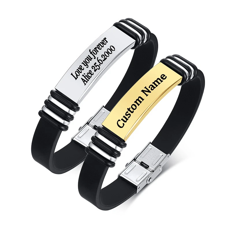 Engrave Name Black Silicone Bracelet Men Custom Logo Stainless Steel Bracelets Fashion Punk Personality Jewelry | Украшения и