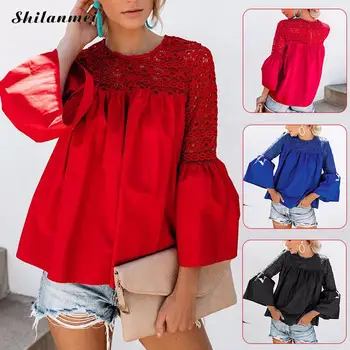 

2019 Autumn Lace High Street Women Blouses Women Tops And Blouses Flare Sleeve Lace Patchwork Blousa Large Size Fashion Blouse