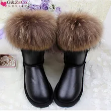 G& Zaco/Роскошные зимние ботинки с натуральным лисьим мехом; женские ботинки из натуральной кожи; Средний теленок; водонепроницаемые ботинки из коровьей кожи с натуральным мехом