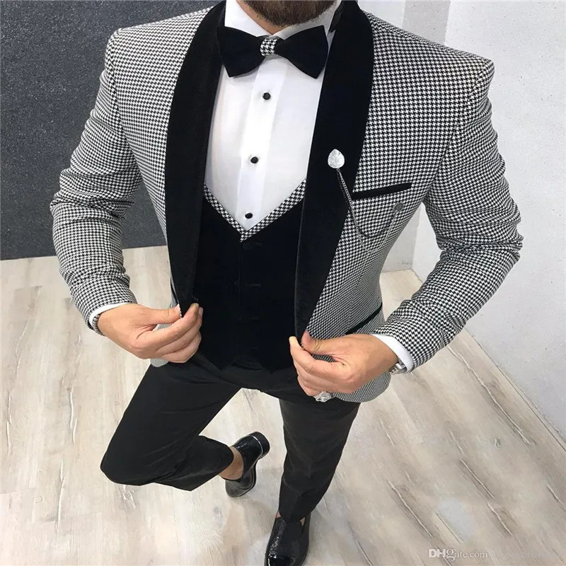 

Italian Design 3 Piece Formal Men Suit 2019 Slim Fit Party Prom Suit Houndstooth Men Groom Wedding Suit Best Man Blazer Tuxedo