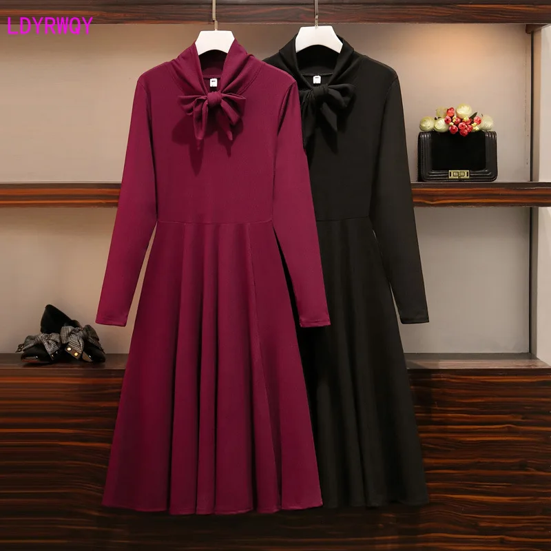 

2019 autumn and winter new large size women's temperament bow collar long sleeve waist was thin knit bottoming wild A word dress