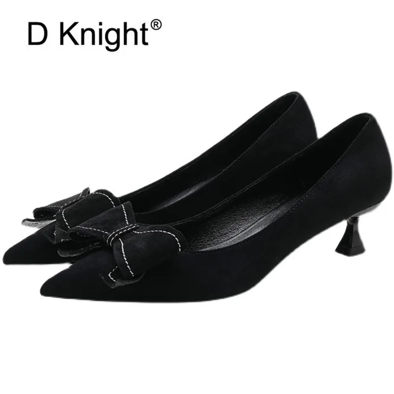 

Sexy Soft Pointed Toe Shallow Mouth Stiletto Heels Pumps Women Shoes Spring New Bow-Knot Suede Black Women's High-Heeled Shoes