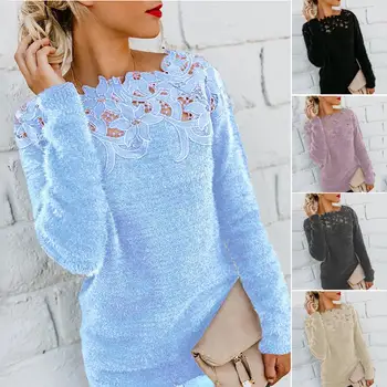 

Women Solid Color Long Sleeve O Neck Floral Lace Pullover Plus Size Sweater