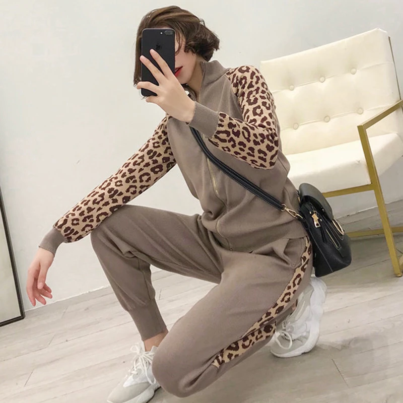 

Leopard Knitted sweater suit Women outfits Tracksuits 2019 Two Piece Sets Slim Zipper Cardigans Jacket wide Pants Sportsuits