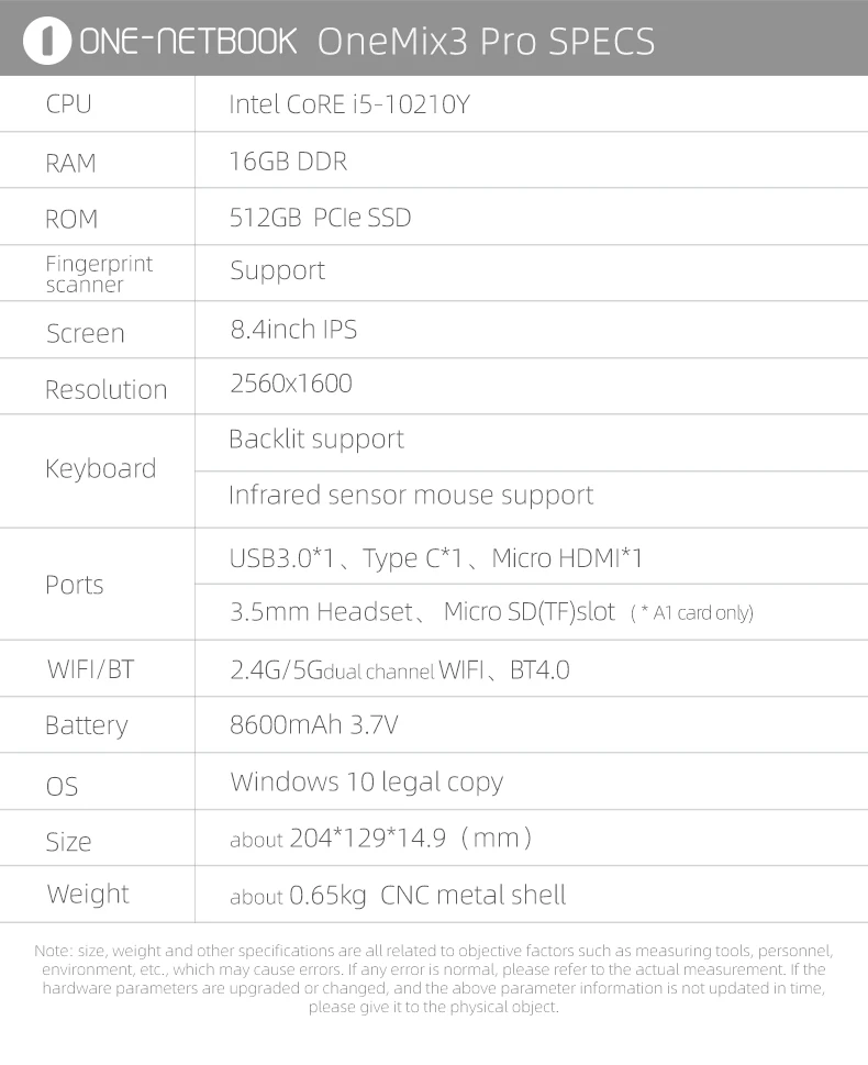 One-нетбук One Mix3pro 8," планшетный ПК Intel Core i5-10210Y 16 грамм 512GSSD 2560*1600 FHD Win10 WiFi ips 2K экран Backlitkeybaod