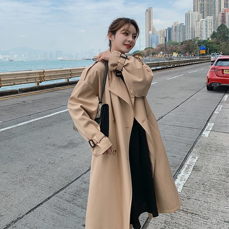 

Тренчкот женский длинный двубортный, модная ветровка, Повседневный плащ в стиле Хепберн, весна-осень